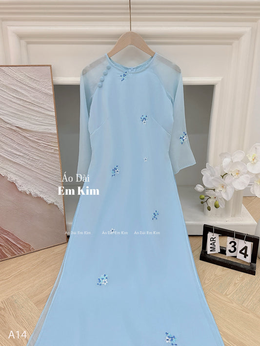 Blue silk embroidery Ao Dai A14