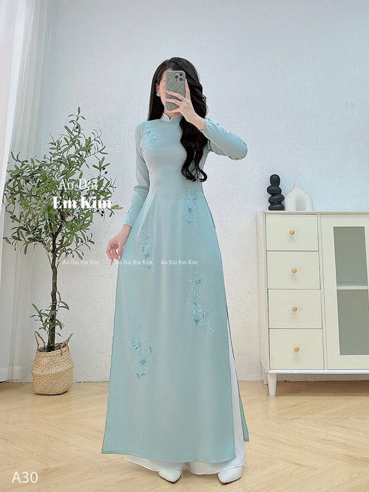 Lụa vân gỗ embroidery  Blue ao dai with pants  A30