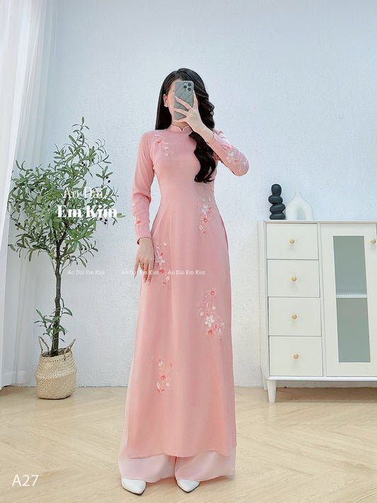 Lụa vân gỗ embroidery ao dai with pants a27
