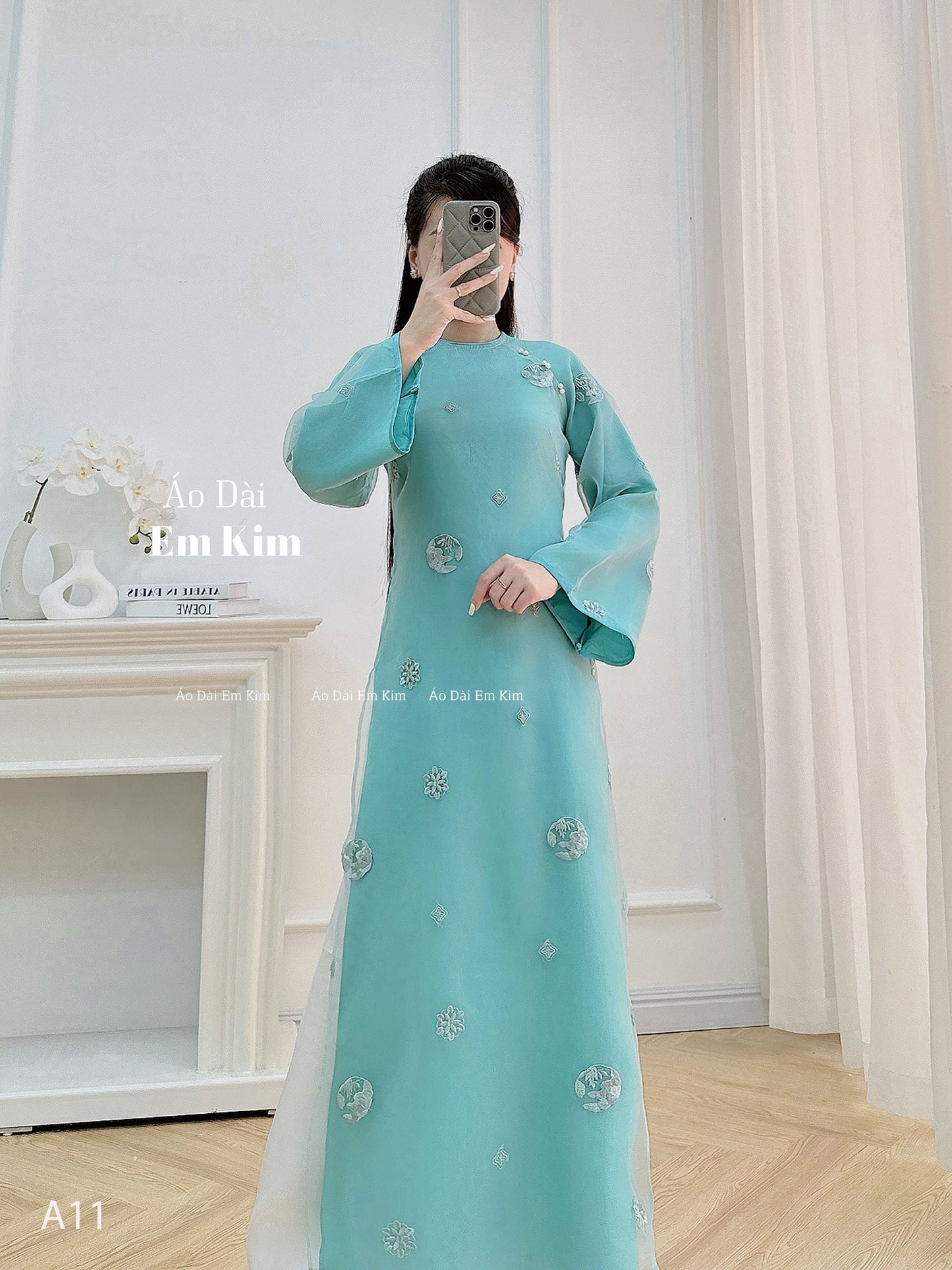 Aqua round embroidery with Pearl Ao Dai A11
