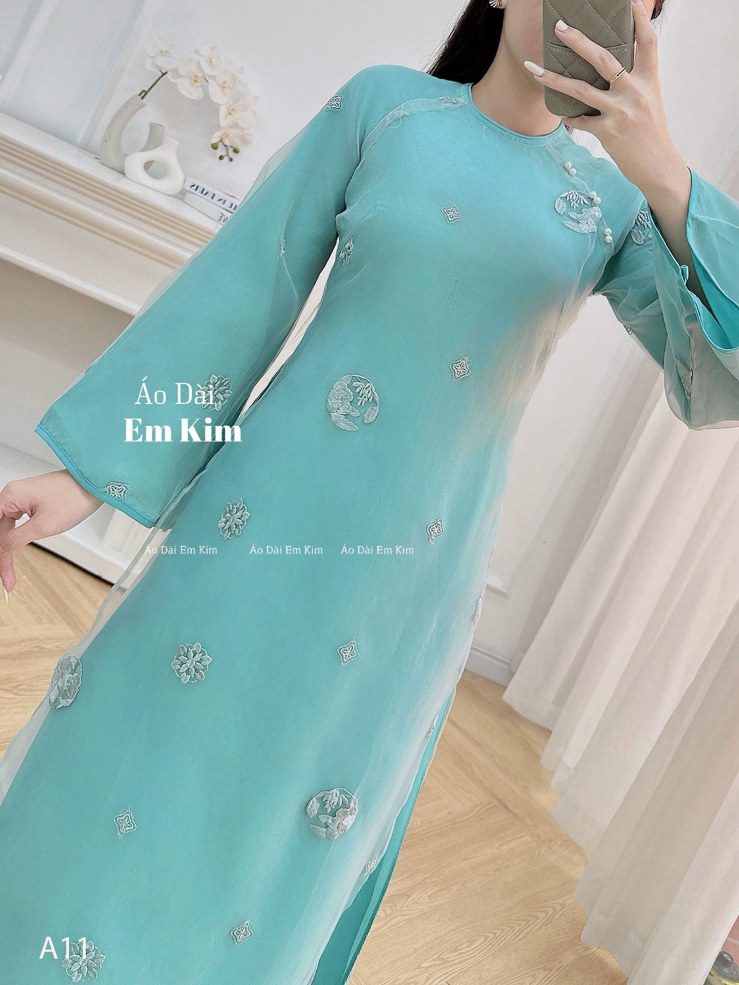 Aqua round embroidery with Pearl Ao Dai A11