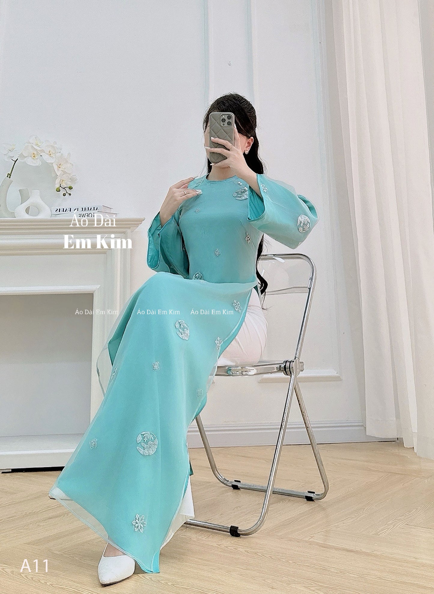 Aqua round embroidery with Pearl Ao Dai A11