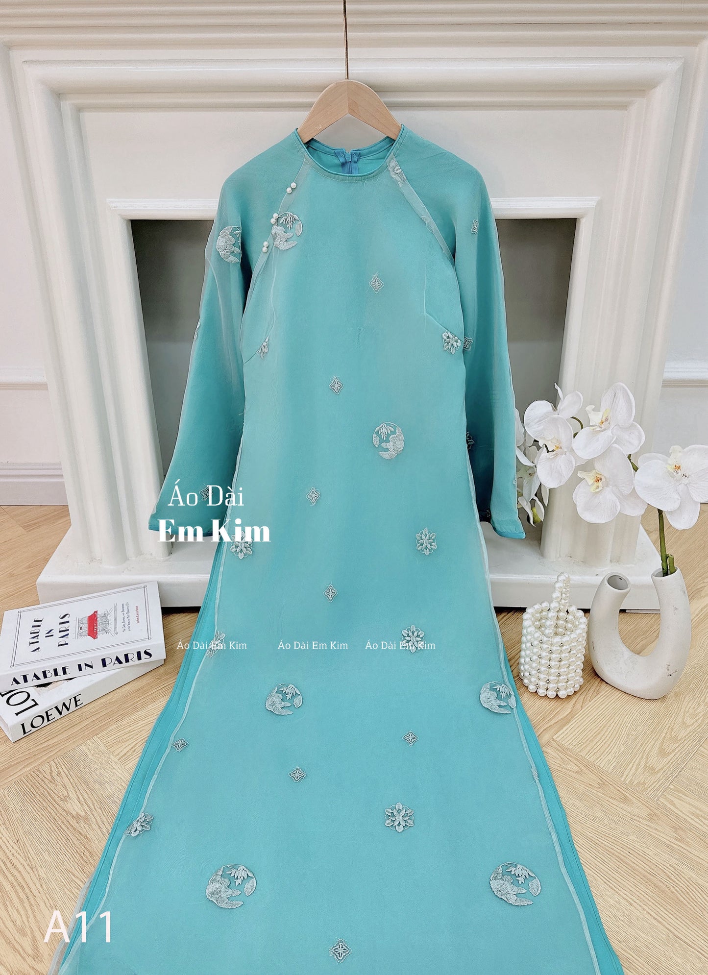 Aqua round embroidery with Pearl Ao Dai A11