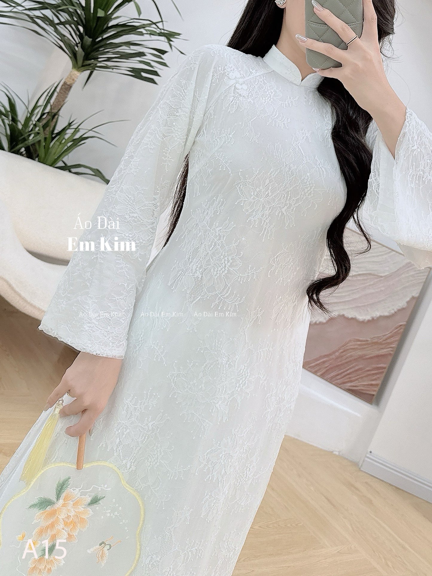 White lace loose form ao dai A15