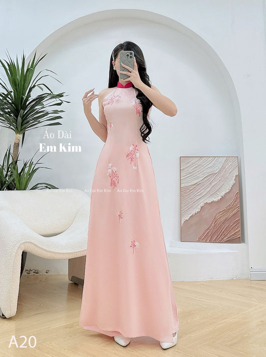 Peach sleeveless Ao Dai pink neck A20 No pants