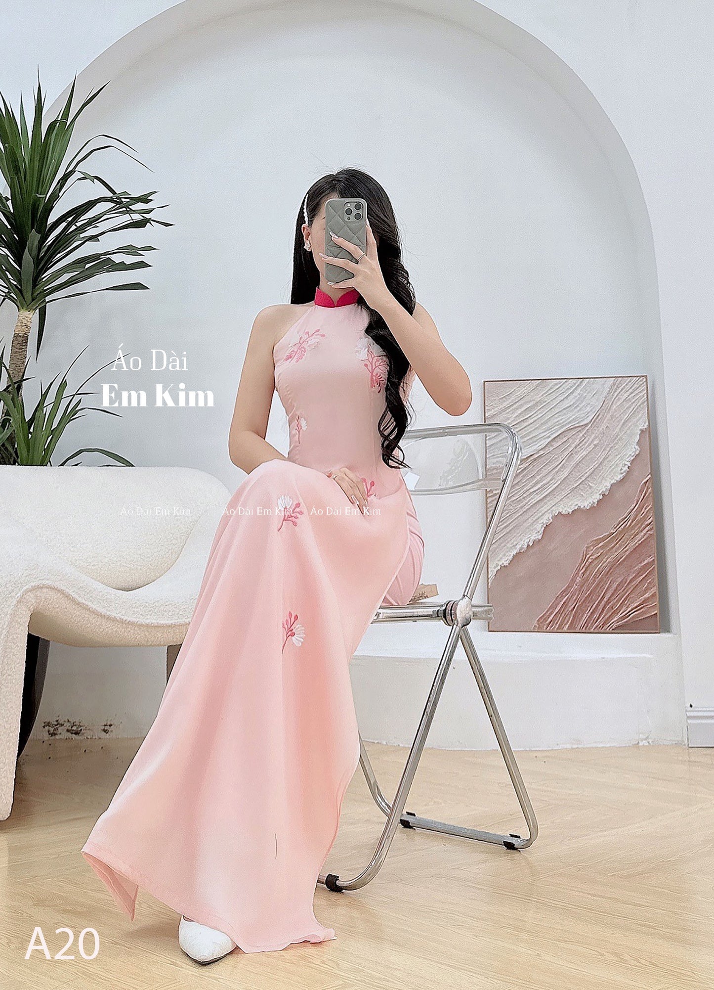 Peach sleeveless Ao Dai pink neck A20 No pants