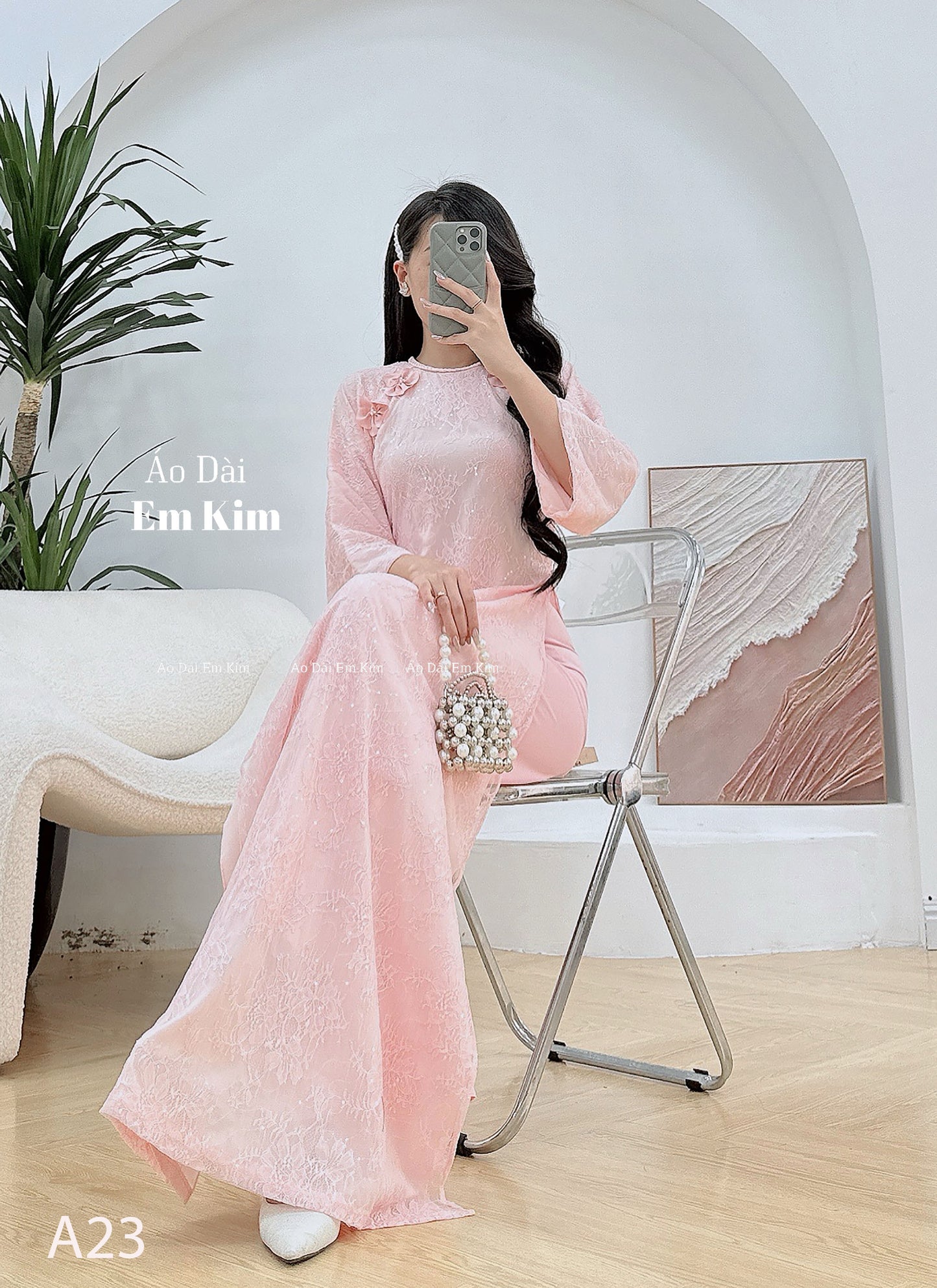 Pink lace braided neck Ao Dai A23 No Pant