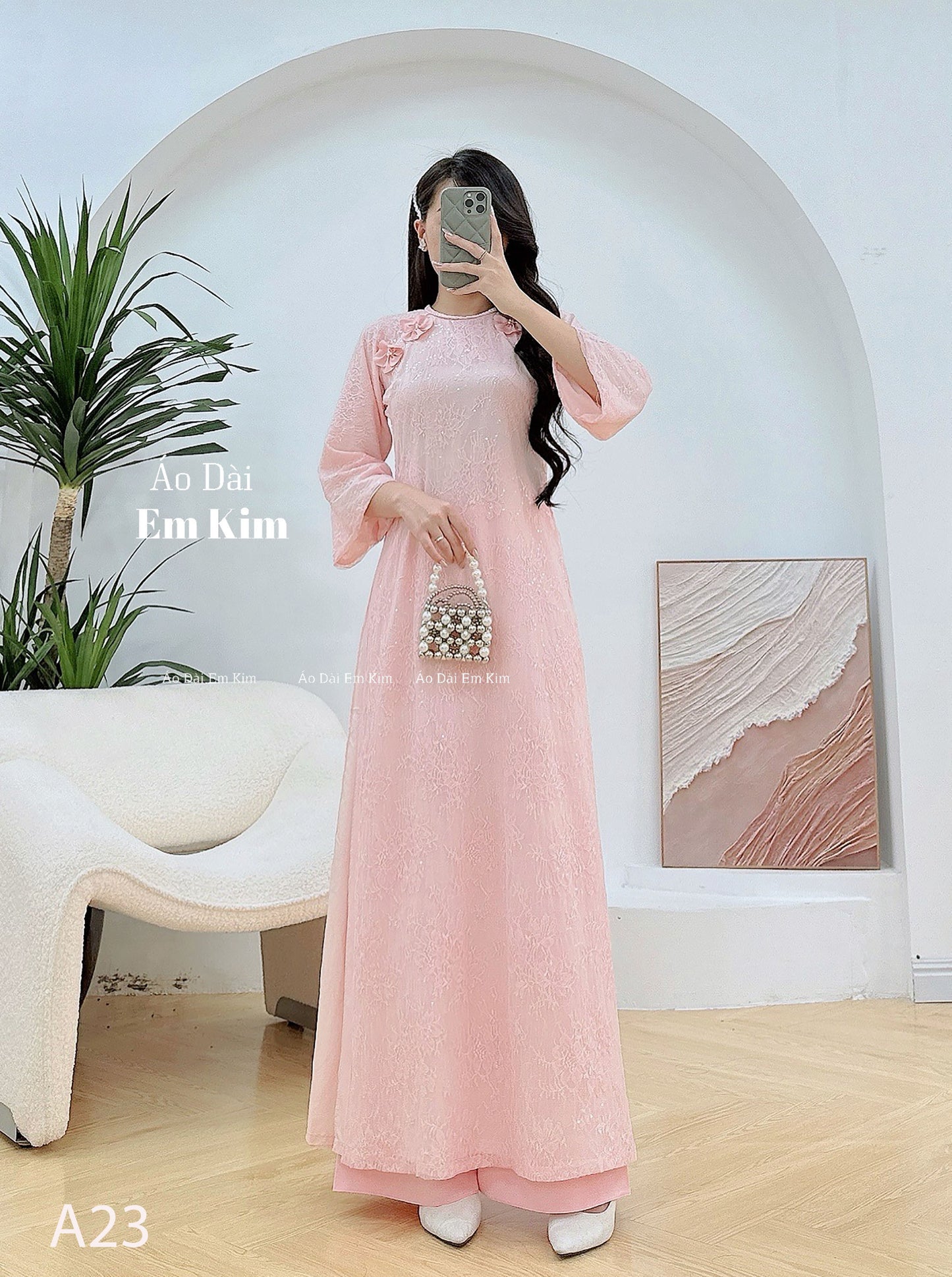 Pink lace braided neck Ao Dai A23 No Pant