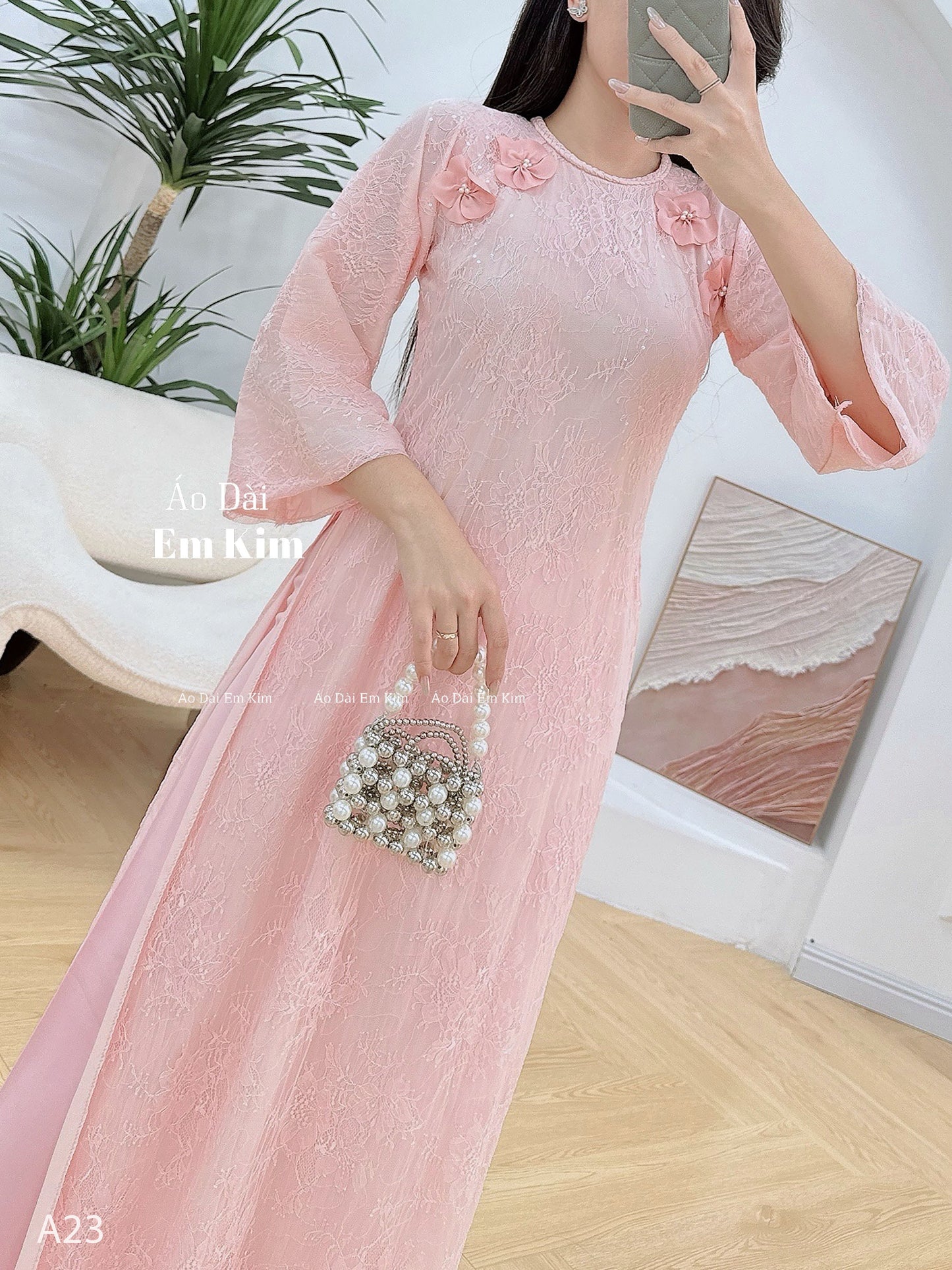Pink lace braided neck Ao Dai A23 No Pant