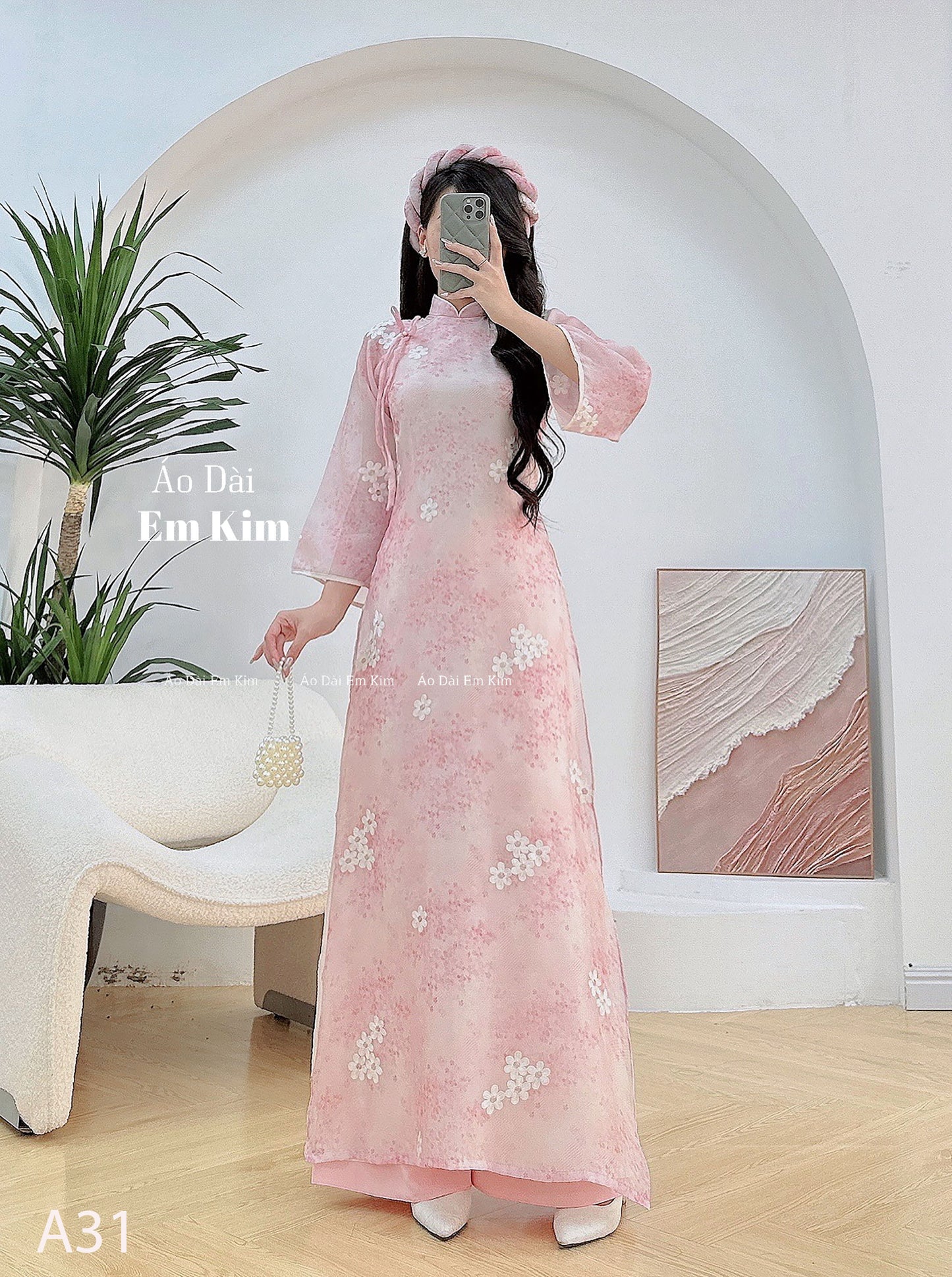 Pink miniflowers Ao Dai with headpiece A31