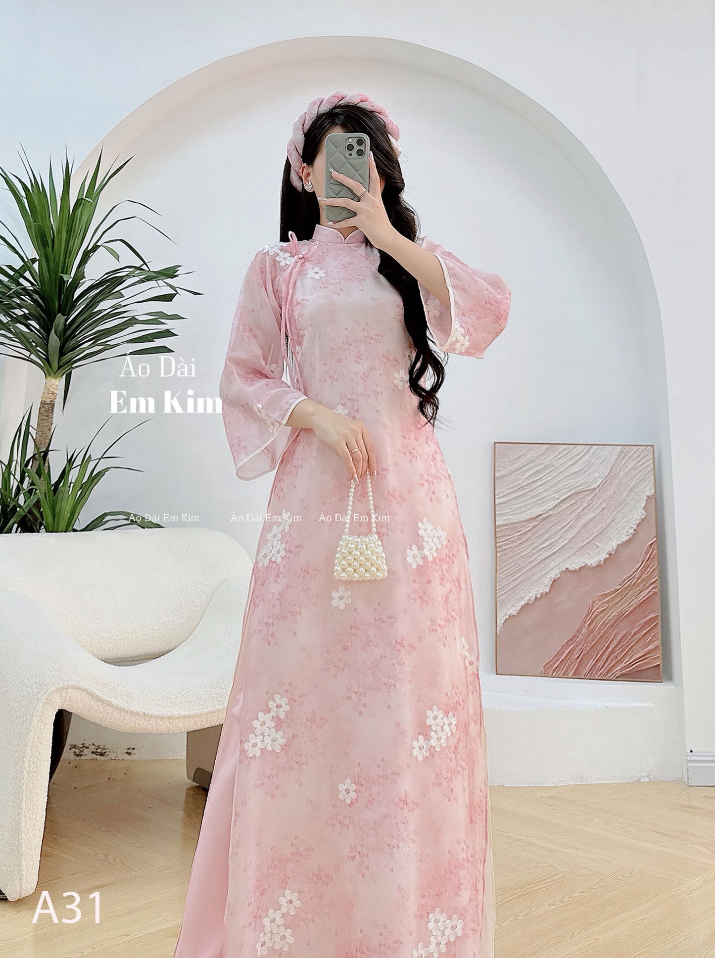 Pink miniflowers Ao Dai with headpiece A31