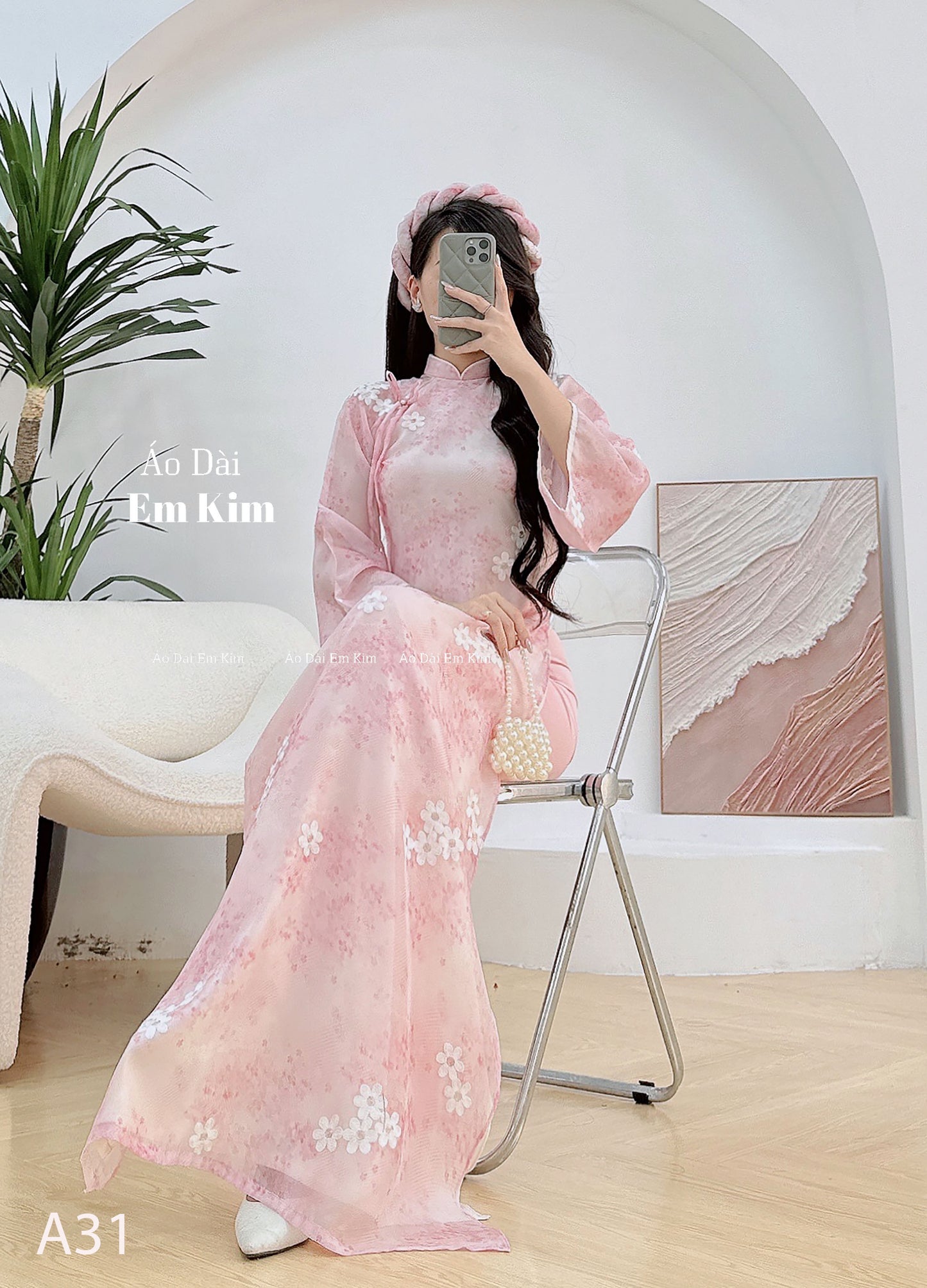 Pink miniflowers Ao Dai with headpiece A31