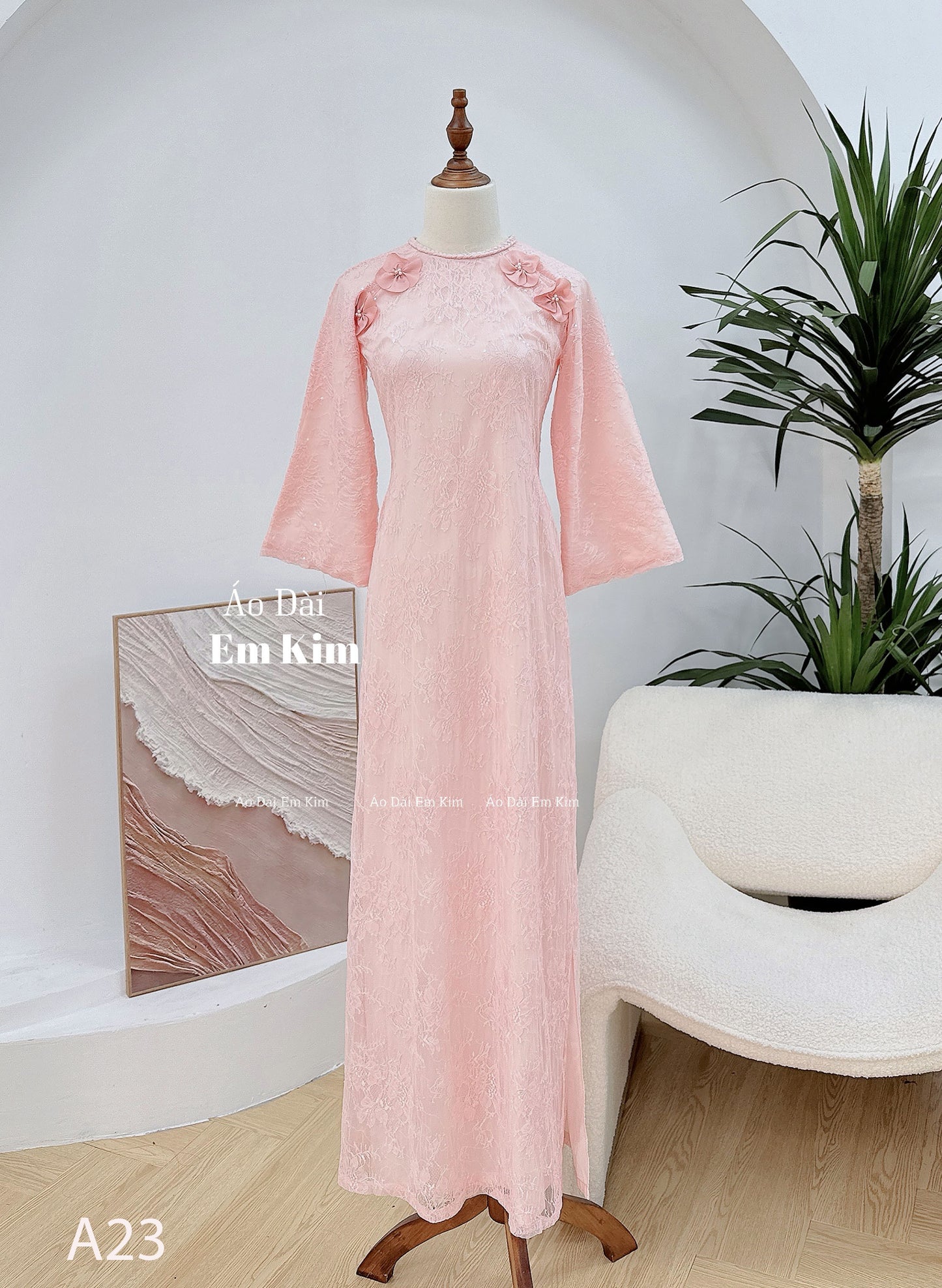 Pink lace braided neck Ao Dai A23 No Pant