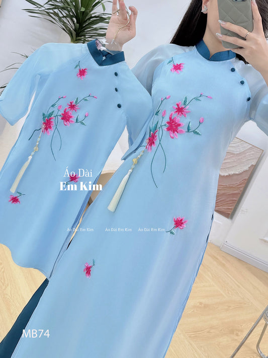 Mommy Daughter Blue Embroidery Flowers MB74