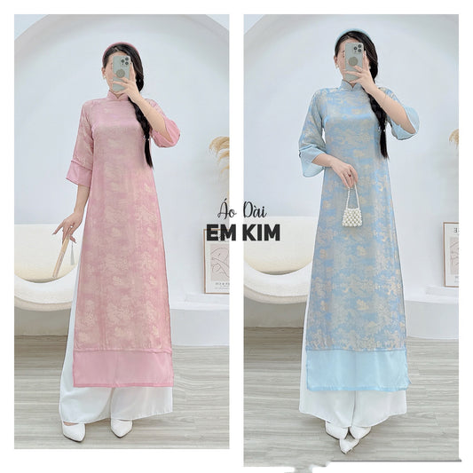 Pink/Blue Ao Dai  Modern design print silk P01