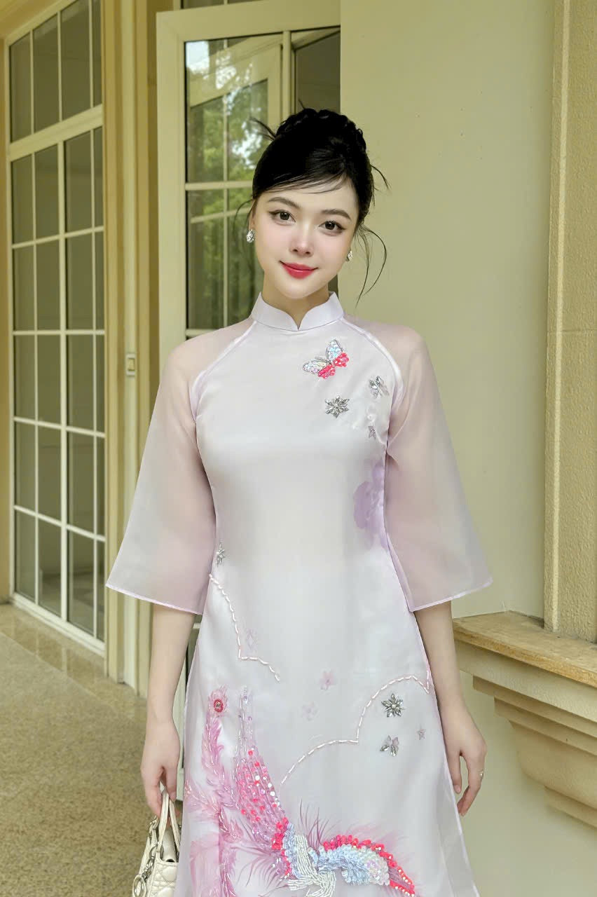 Pink silk đính kết cườm 3D flowers design Ao Dai P16