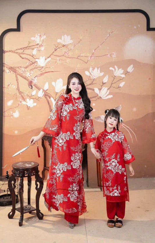 Ao dai Red embroidery Mommy and me matching| Ao Dai Me va Be modern silk organza| | Lunar New Year| T07