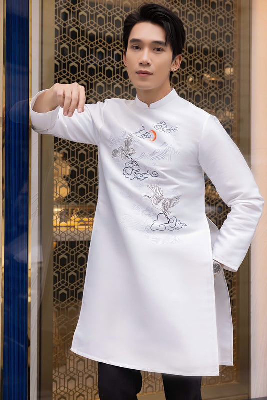 White Ao Dai with Embroidred Ocean and Bird Ao Dai Men|  Embroidery Ao Dai for mens(No pants included) |Lunar New Year | Vietnamese traditional ADN34