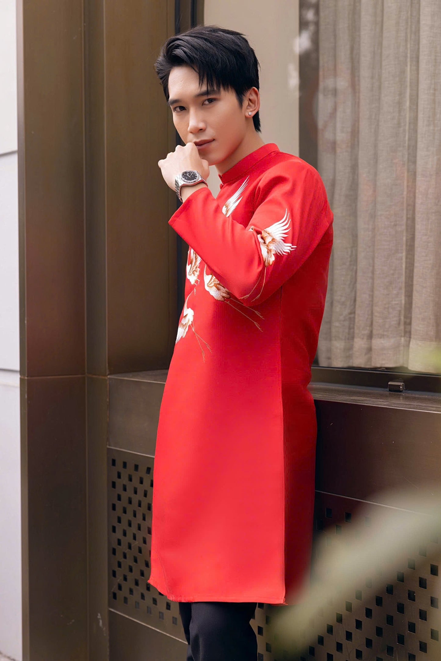 Red Embroidred Bird Ao Dai Men|  Embroidery Ao Dai for mens(No pants included) |Lunar New Year | Vietnamese traditional ADN35