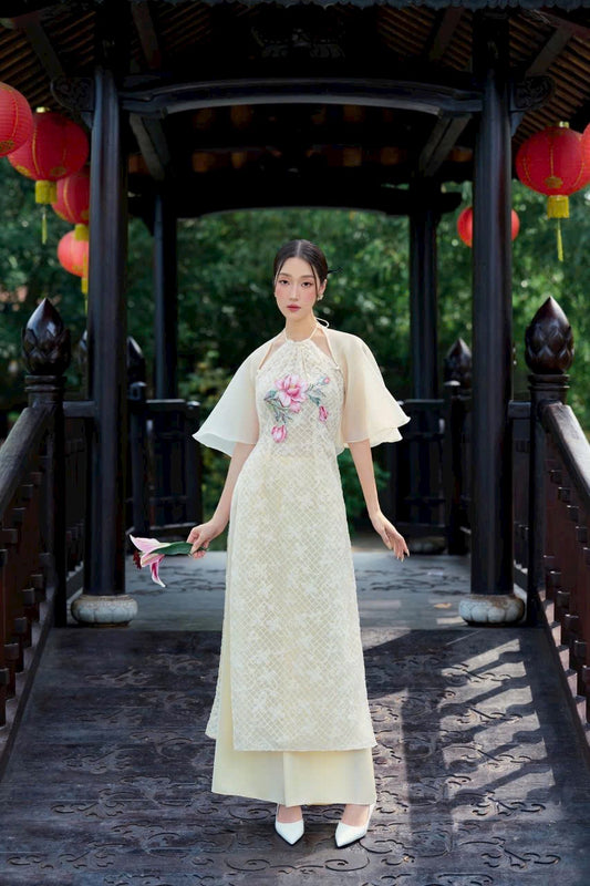 Cream Lace Embroidery Ao Dai Yem P09