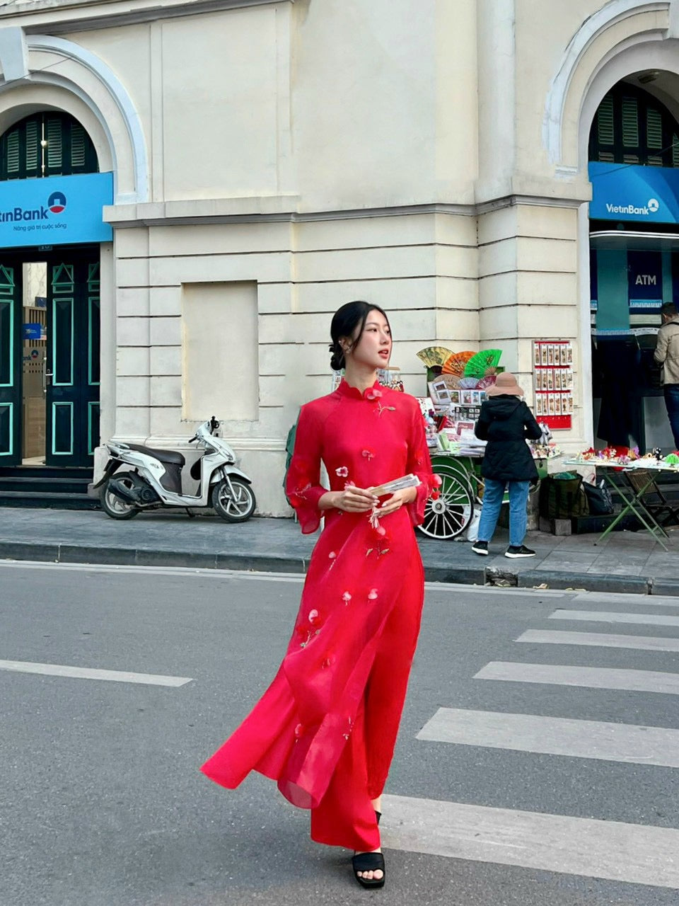 Red flowers Ao dai sets  with red pants |G34