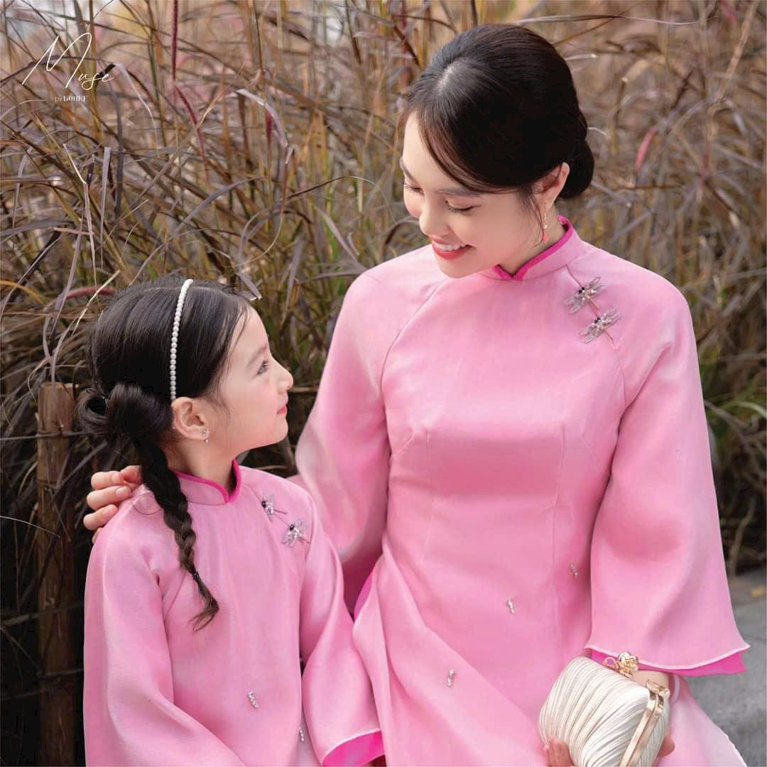 Pink Mommy and me matching ao dai set for women and girl| Ao Dai Me va Be modern silk organza| | Lunar New Year| MB54