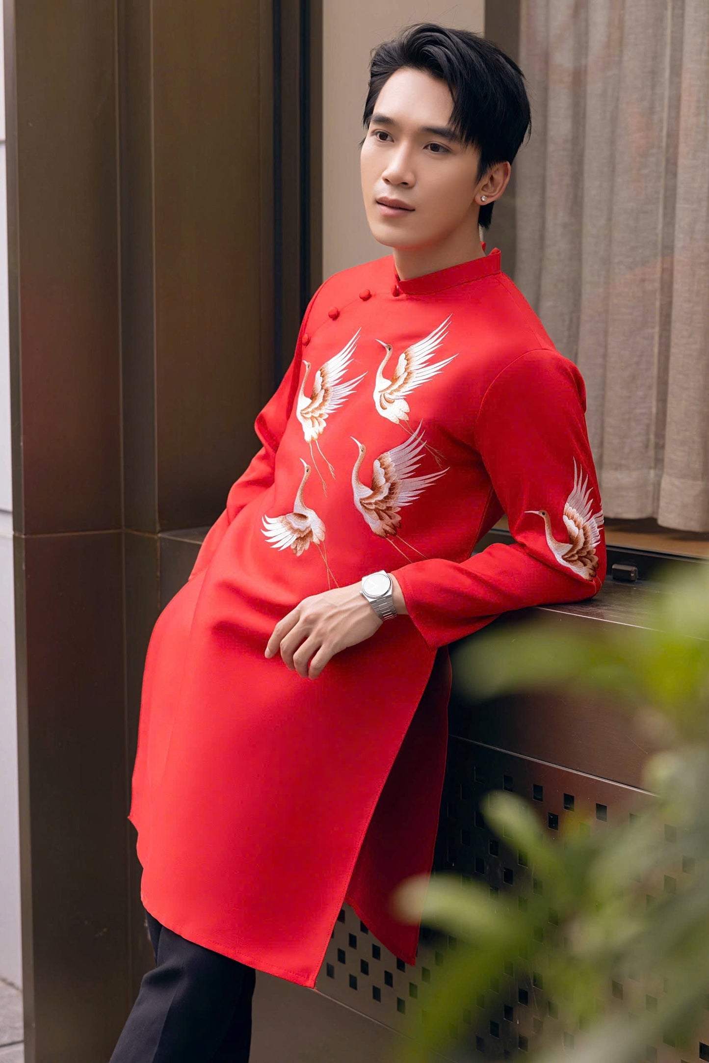 Red Embroidred Bird Ao Dai Men|  Embroidery Ao Dai for mens(No pants included) |Lunar New Year | Vietnamese traditional ADN35