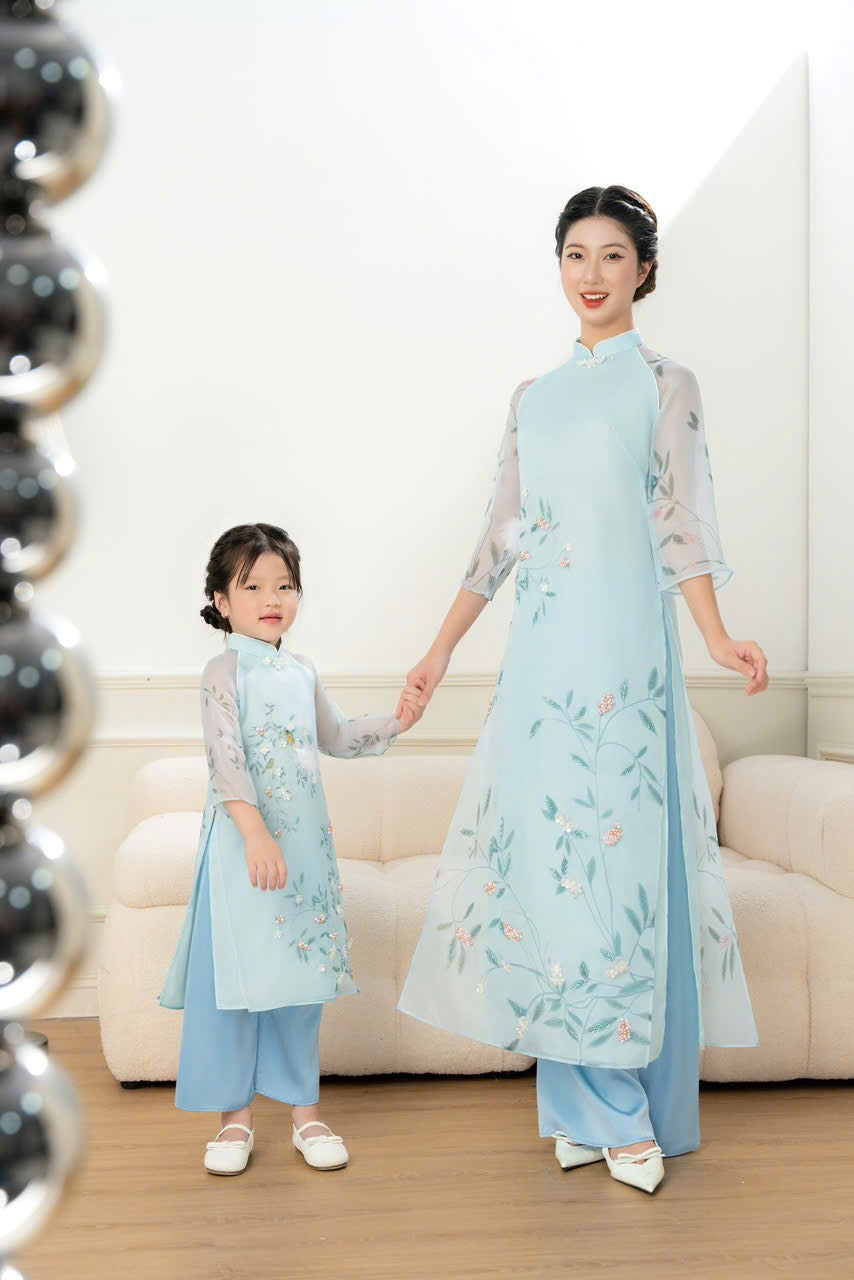 Blue Mommy and me matching ao dai set for women and girl| Ao Dai Me va Be modern silk organza| | Lunar New Year| MB53