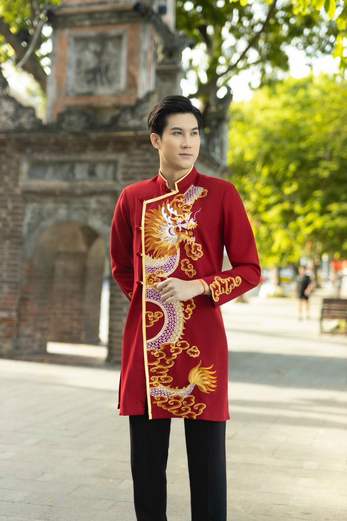 Ao Dai Men| RED Dragon embroidery ao dai for men tapta(No pants included) Lunar New Year | Vietnamese traditional   ADN01