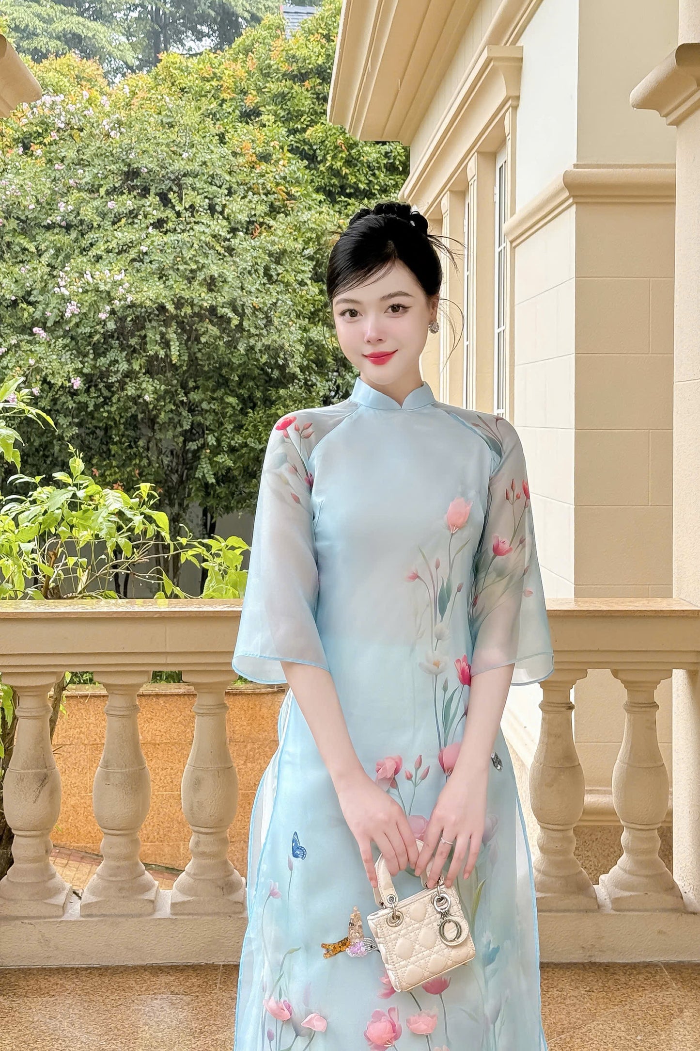 Blue organza 3D flowers design Ao Dai P04