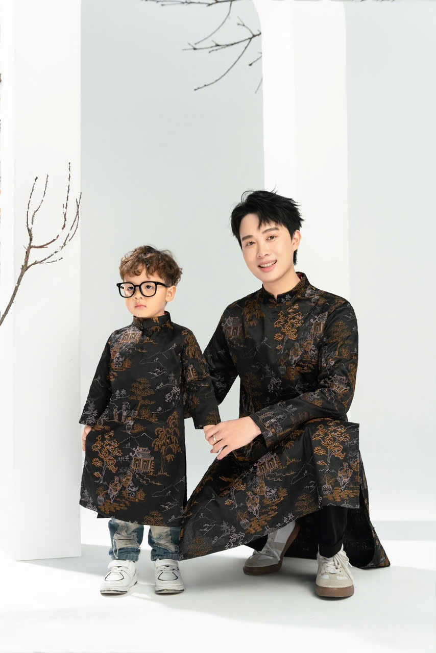 Black Embroidery Dad and Boy Ao dai  NO PANTS| Ao Dai Kids| Pre-made Traditional Vietnamese Ao Dai | Lunar New Year | Ao Dai for Boy |ADN19