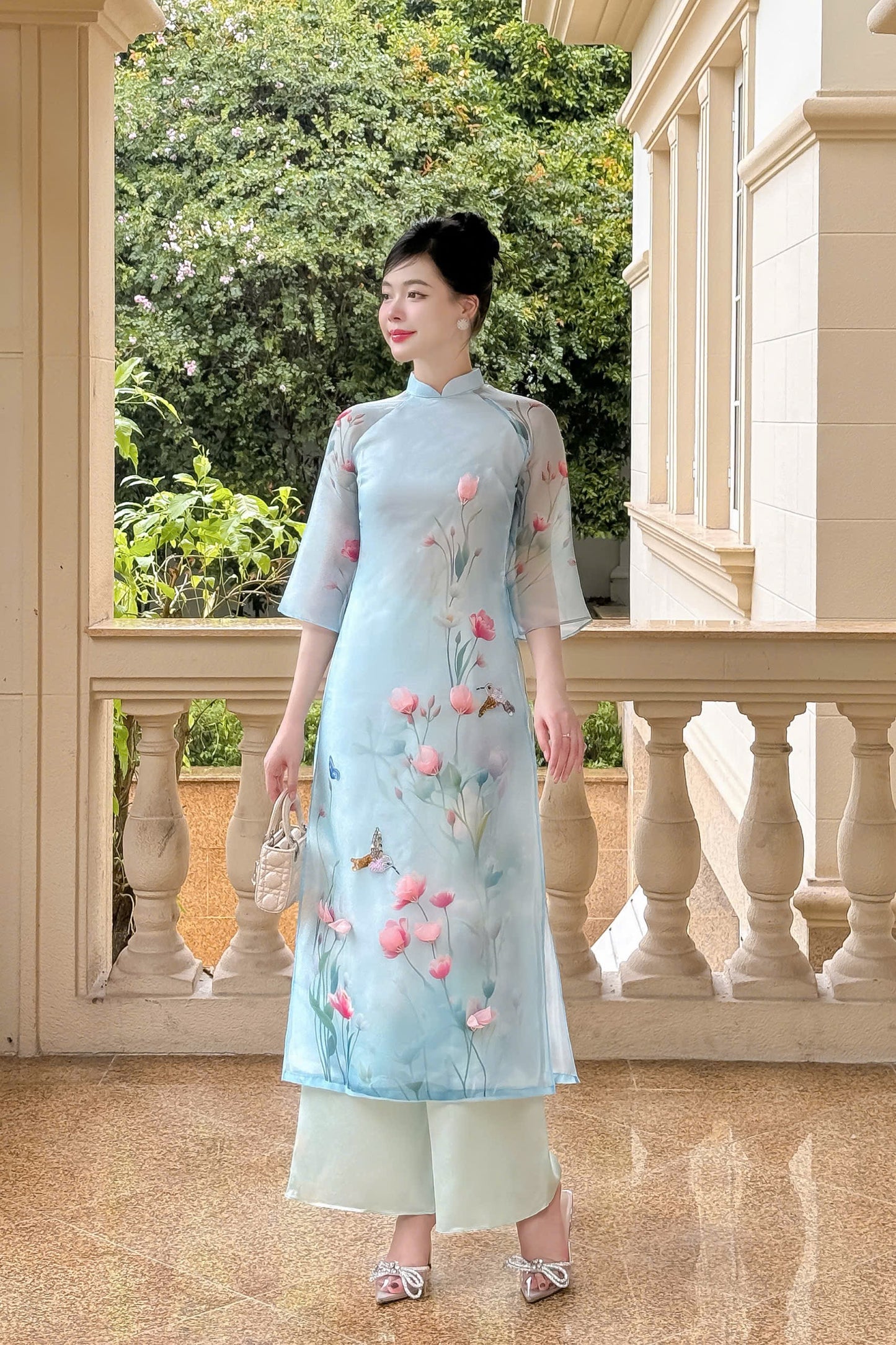 Blue organza 3D flowers design Ao Dai P04