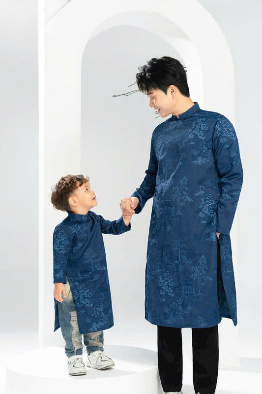 BLue Embroidery Dad and Boy Ao dai  NO PANTS| Ao Dai Kids| Pre-made Traditional Vietnamese Ao Dai | Lunar New Year | Ao Dai for Boy |ADN18