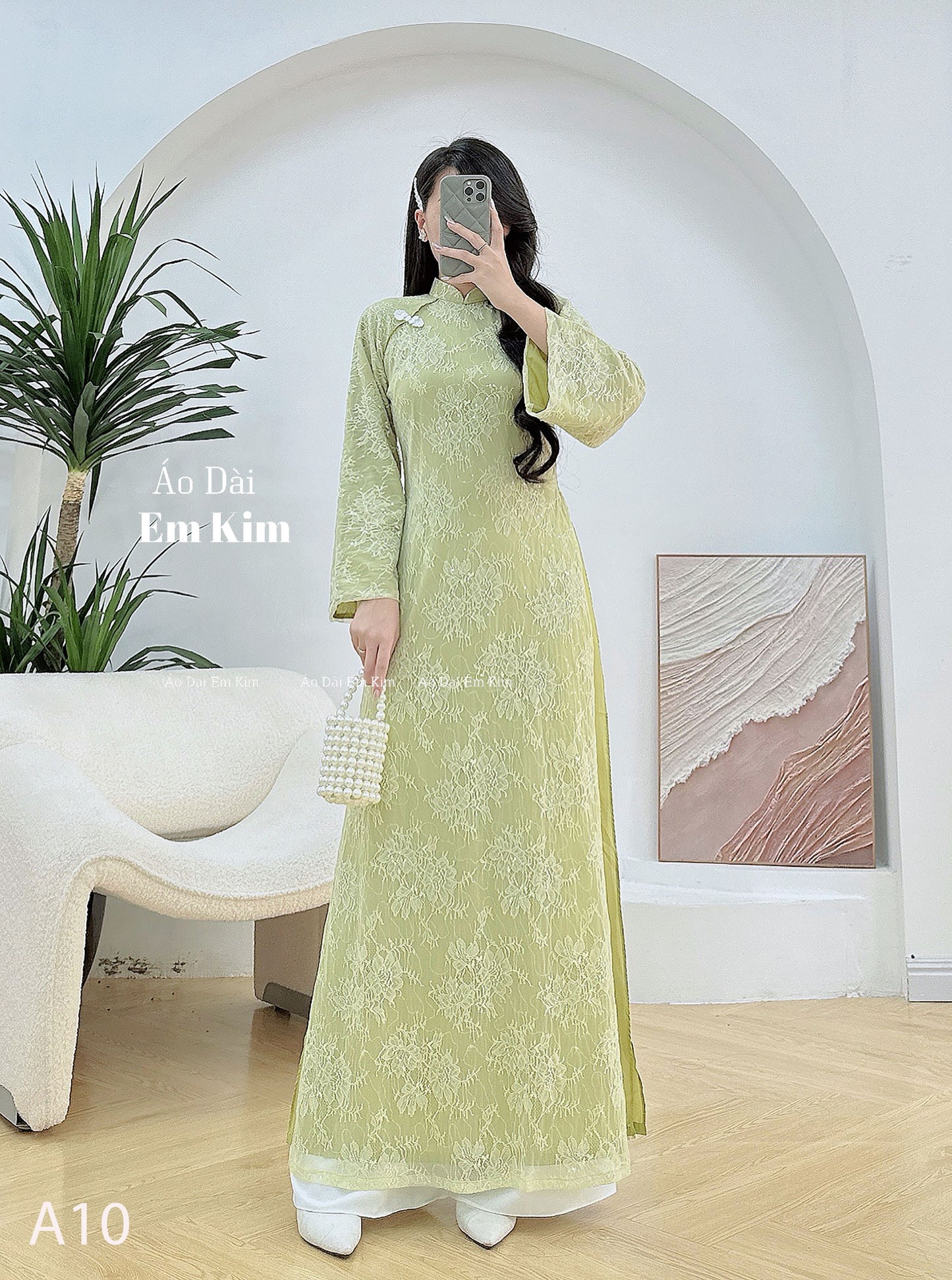 Green Lace loose form Ao Dai - NO Pants - A10