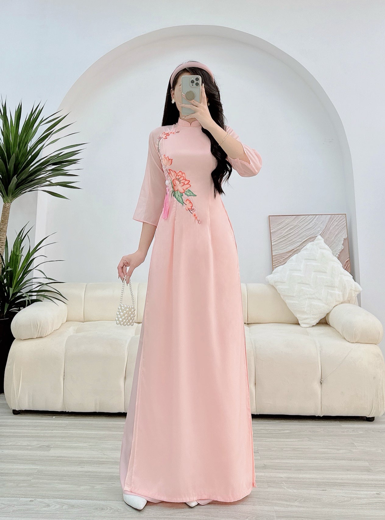 Peach Embroidery flowers silk double layers ao dai P02