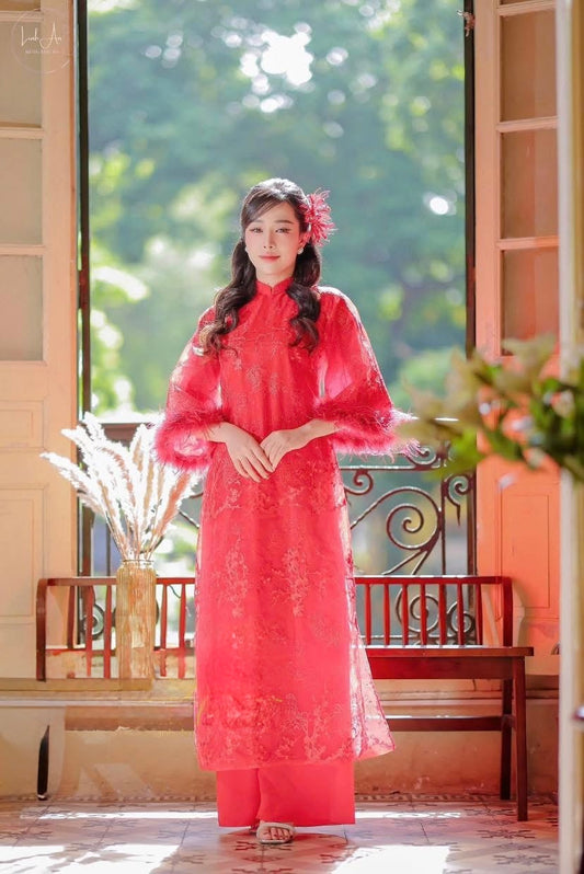 Red fur Ao Dai  | Pre-made Vietnamese Dress for Lunar New Year Ao Dai Viet Nam|Ao Dai Cach Tan with Pants S18