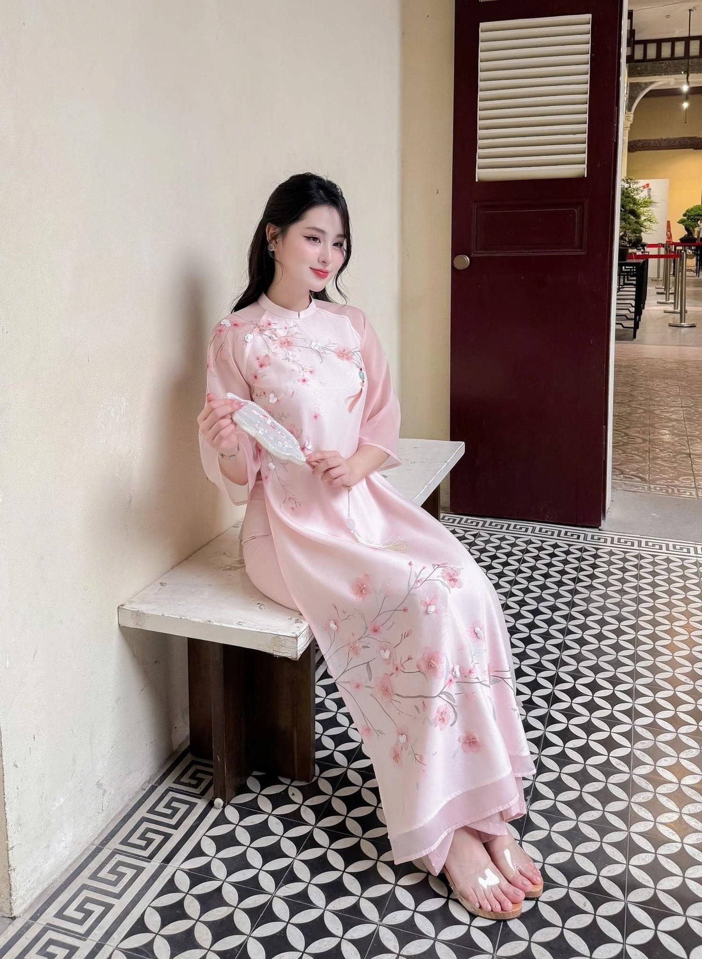 Pink   flowers Ao Dai| Pre-made Vietnamese Dress for Lunar New Year Ao Dai Viet Nam|Ao Dai Cach Tan with Pants Q23