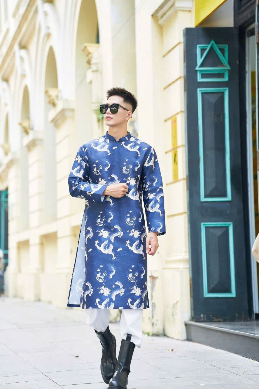 Ao Dai Men|Blue Dragon embroidery ao dai for men tapta(No pants included) Lunar New Year | Vietnamese traditional   ADN21