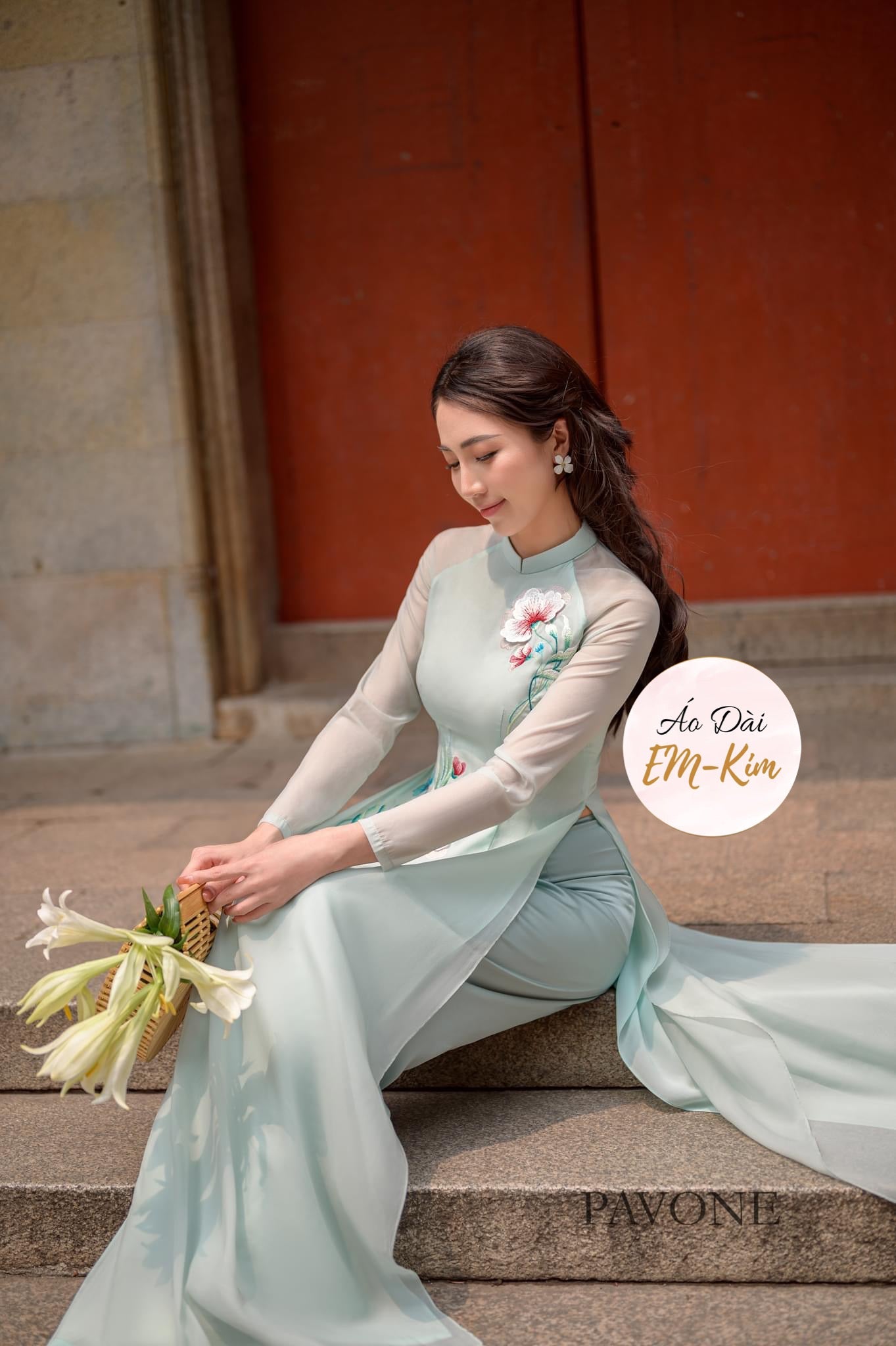 Mint embroidery flowers  modern Ao Dai M37