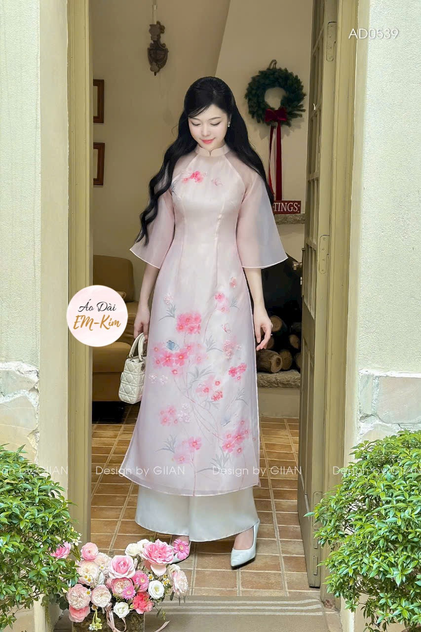 Double Layer Pink Silk Modernized Vietnamese Ao Dai Set for Women|  Pre-made Ao Dai| Ao Dai| Lunar New Year| Ao Dai Cach Tan with Pants N04