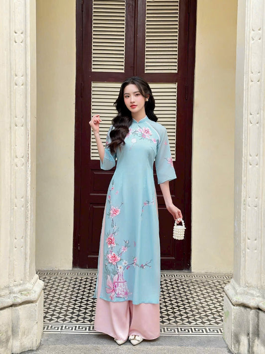 BLue silk flowers Ao Dai| Pre-made Vietnamese Dress for Lunar New Year Ao Dai Viet Nam|Ao Dai Cach Tan with Pants Q21