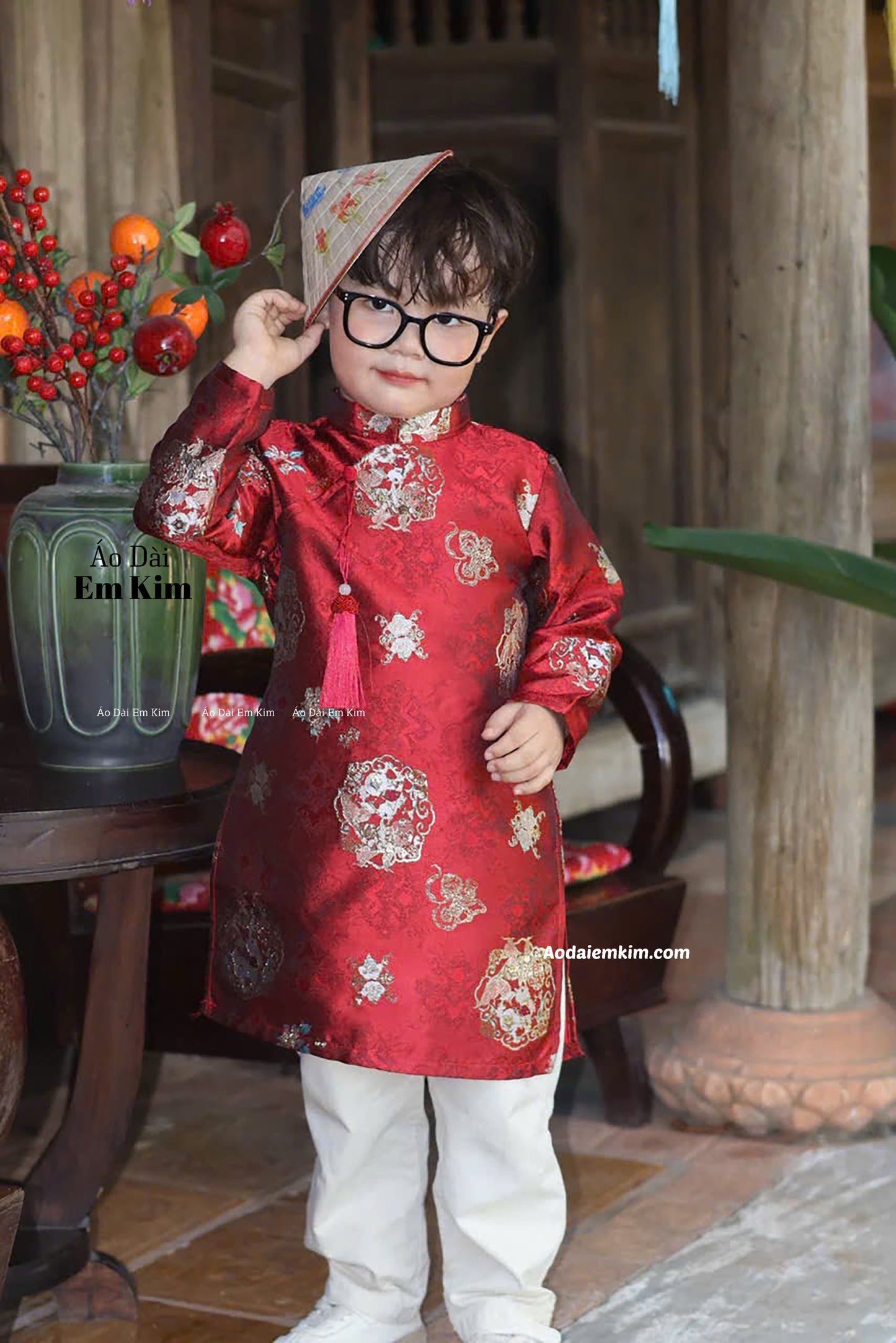Ao Dai Boy Gấm RED ( NO PANTS)  Ao Dai Kids| | BOY13