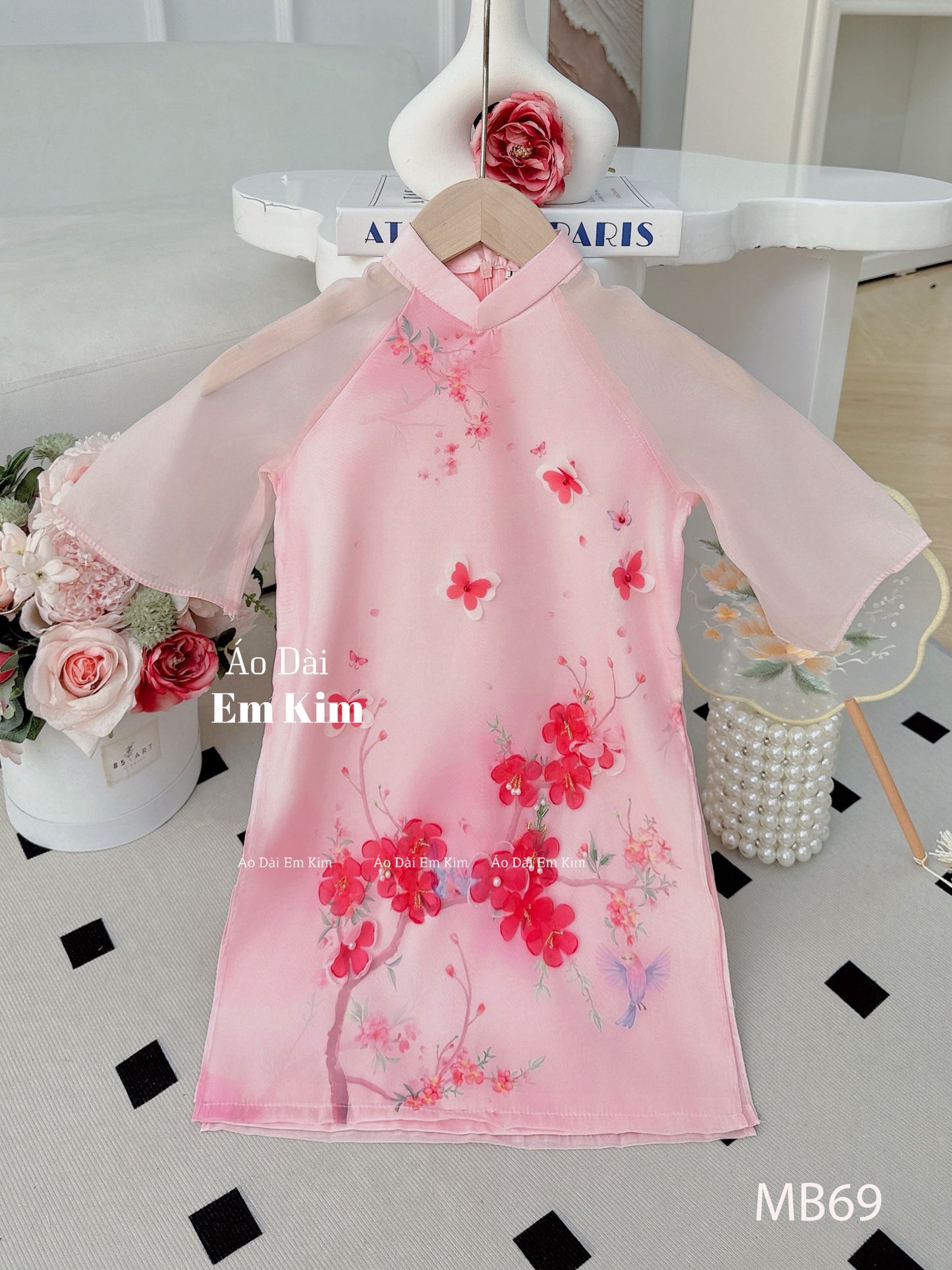 Pink floral Ao Dai |Bảng mẫu mẹ và bé| Ao Dai Me va Be modern silk organza| | Lunar New Year| MB69