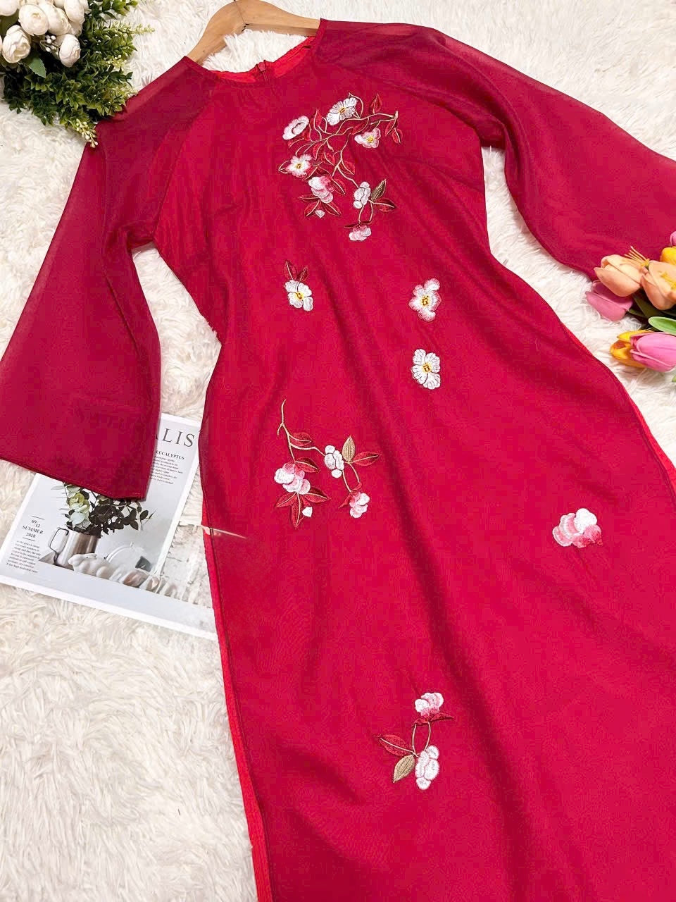 Red Ao Dai tơ đinh hoa|Red flowers New Year| Pre-made Vietnamese Dress for Lunar New Year Ao Dai Viet Nam|Ao Dai Cach Tan with Pants S08