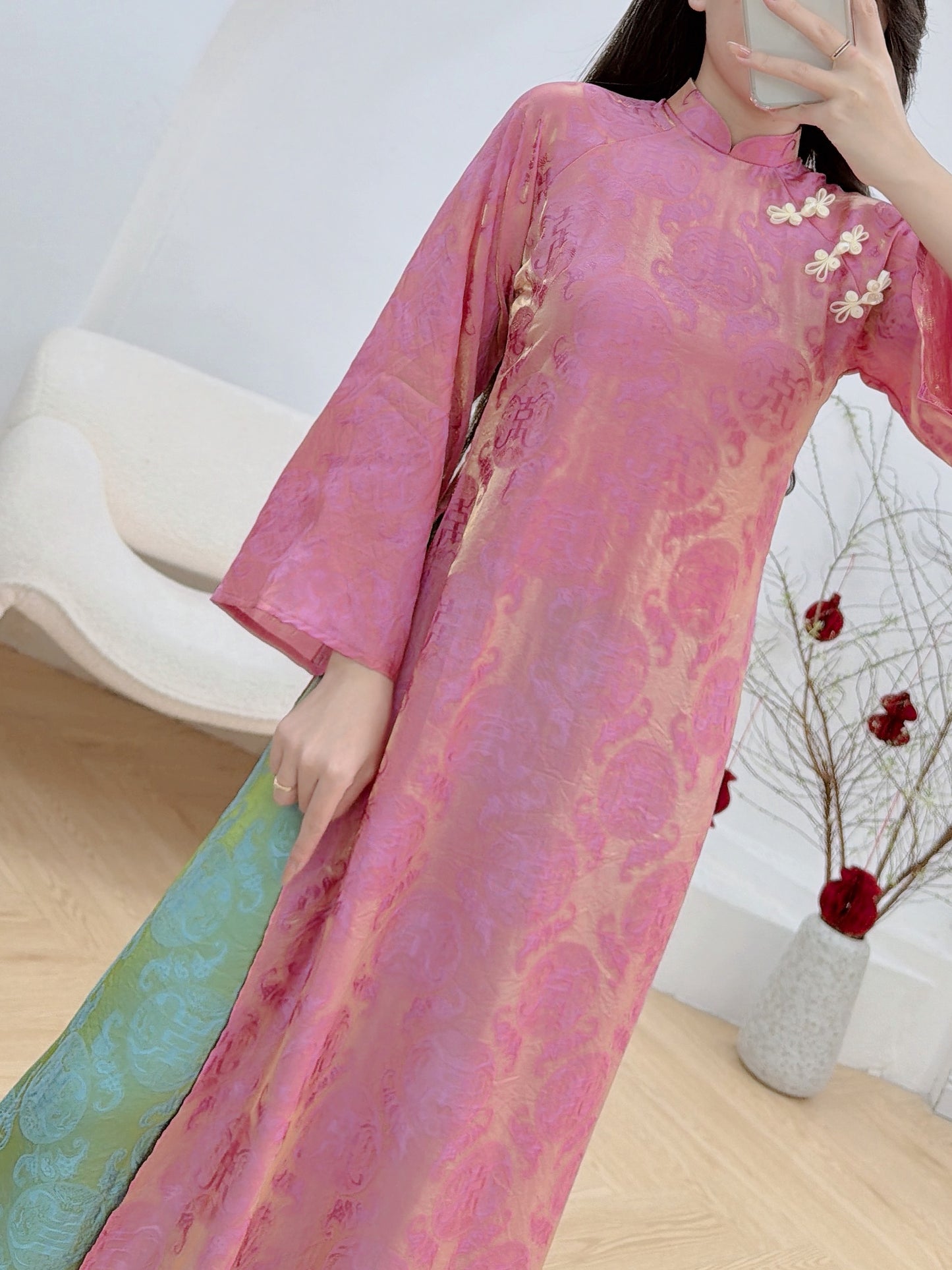 Gấm Thọ óng Pink  with gấm pants B49