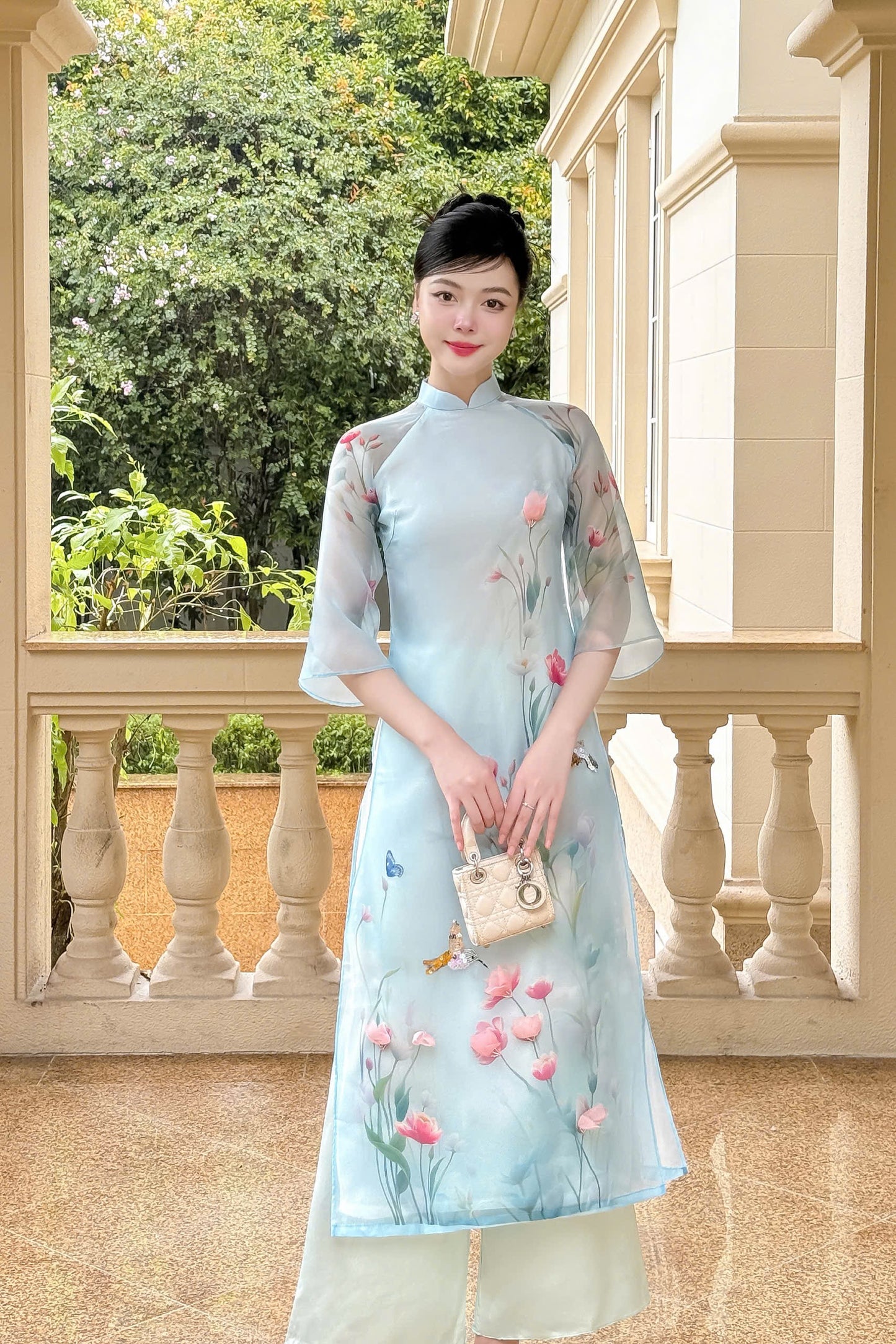 Blue organza 3D flowers design Ao Dai P04