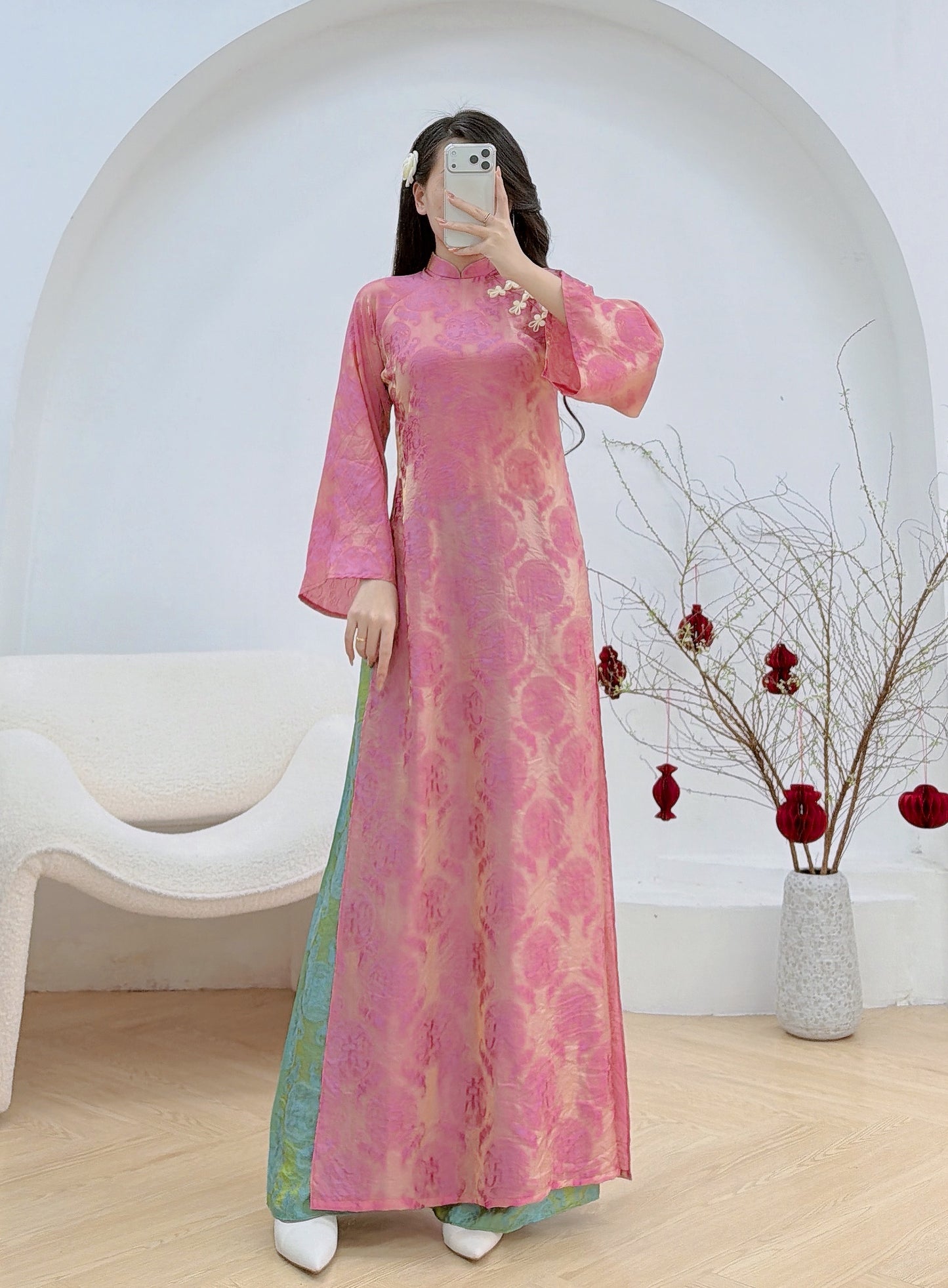 Gấm Thọ óng Pink  with gấm pants B49
