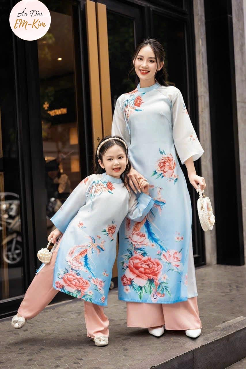 Family matching Ao Dai blue print silk, Ao Dai Vietnam, Ao Dai Lunar New Year for kids, Ao Dai dress family, Girl Boy women Ao Dai Tet|GD10