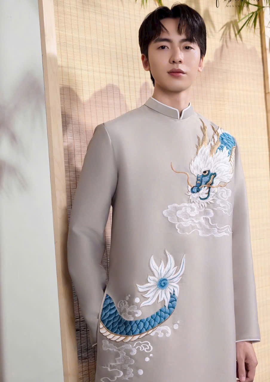 Gray dragon Ao Dai Men|  Embroidery Ao Dai for mens(No pants included) |Lunar New Year | Vietnamese traditional ADN42