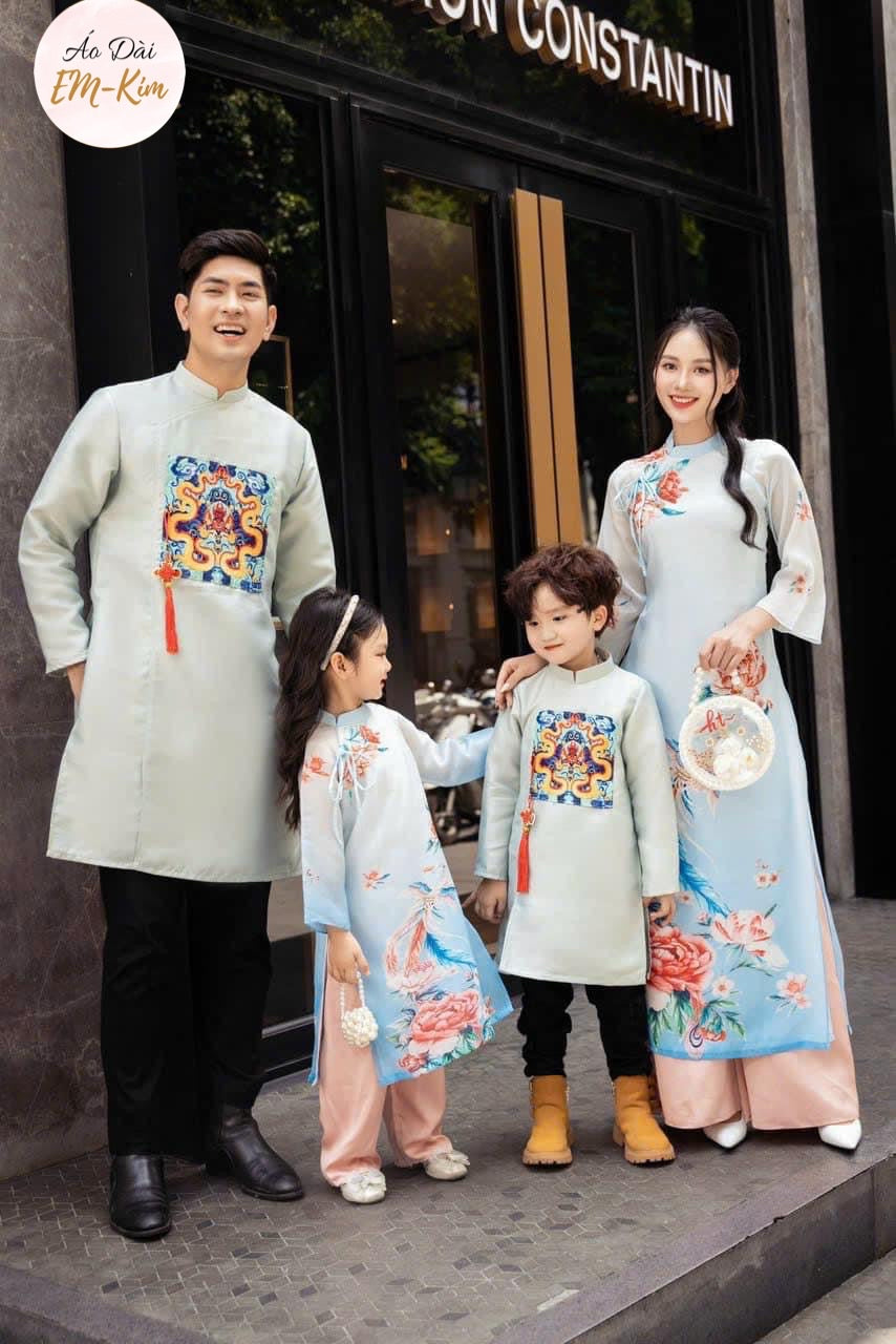 Family matching Ao Dai blue print silk, Ao Dai Vietnam, Ao Dai Lunar New Year for kids, Ao Dai dress family, Girl Boy women Ao Dai Tet|GD10